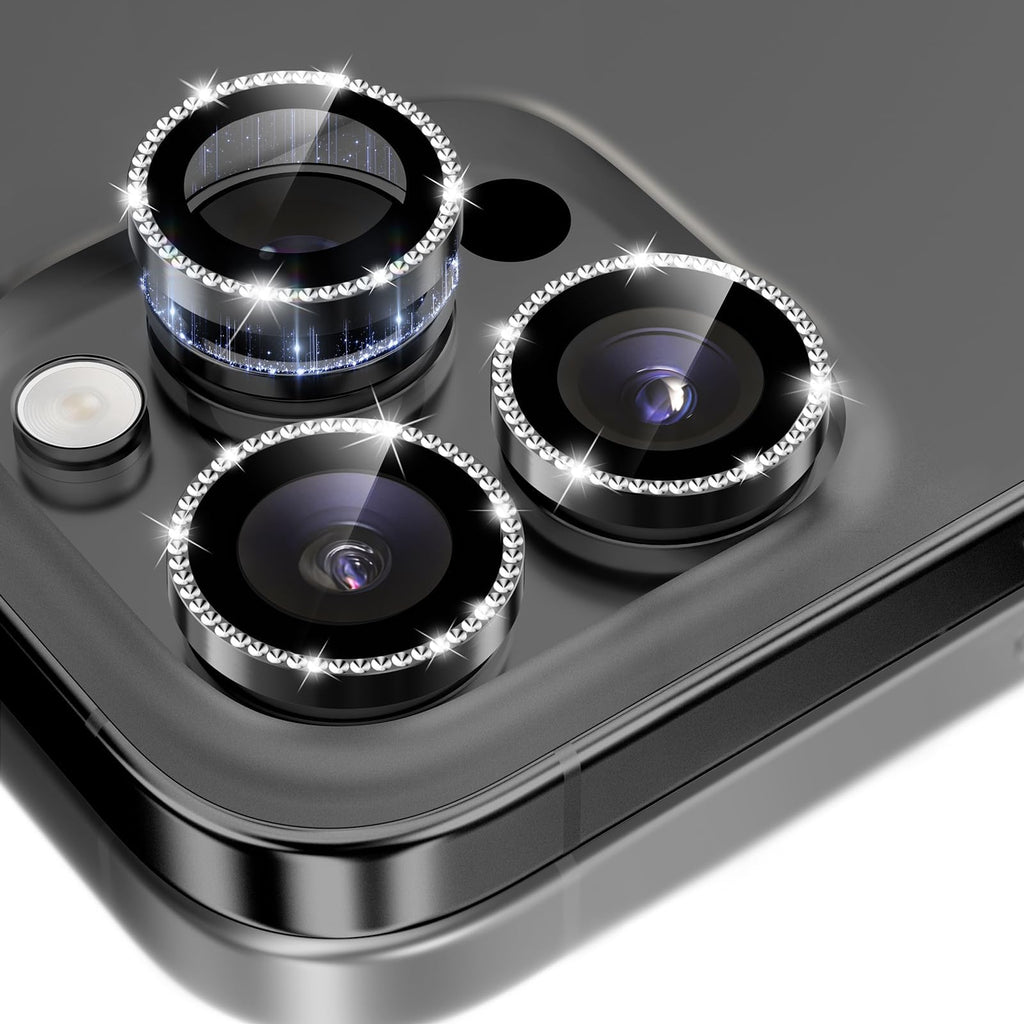GolbinBox Camera Lens Protector for iPhone 17 Pro Max/17 Pro/16 Pro Max/16 Pro, 1:1 Invisible Fit, 9H Tempered Glass Ultra HD Metal Individual Camera Cover for Women, Case Friendly,Bling/Black