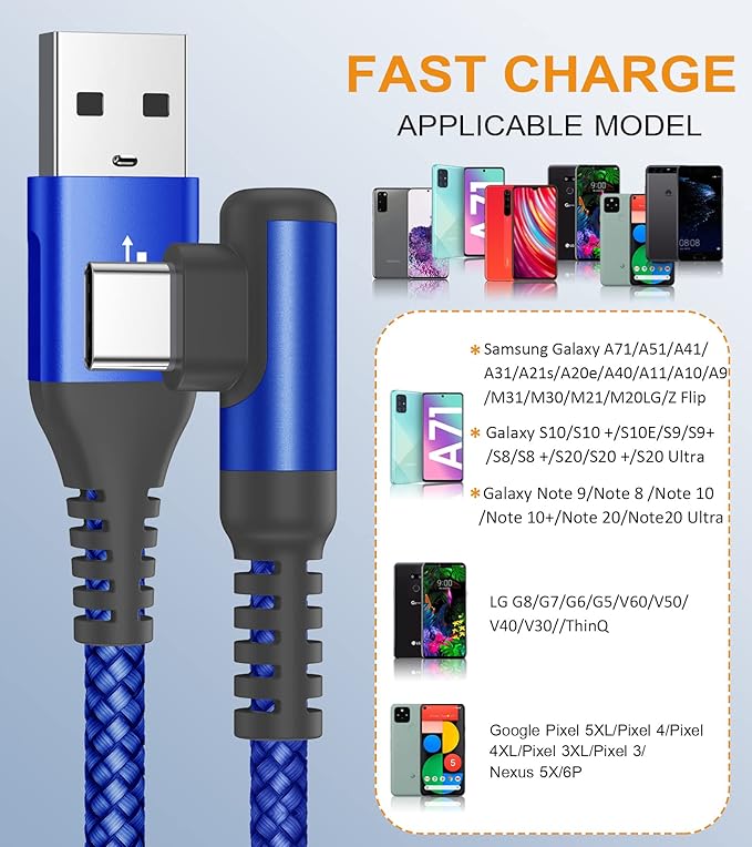 sweguard USB Type C Charger Cable Right Angle [2-Pack,10FT] iPhone 16 Charger Nylon Braided Cord for iPhone 15 16 Pro Max Samsung Galaxy S25 S24 S23 S22 S21 S20 S10 S9 Note A15 A55 Flip Pixel LG Moto