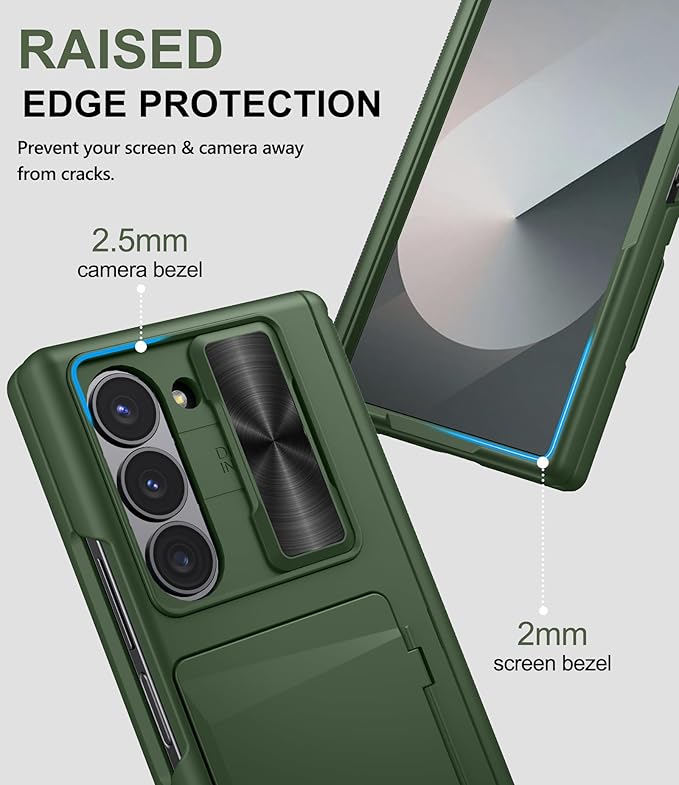 for Samsung Galaxy Z Fold 6 Case with Card Holder & Slide Camera Lens Cover & Hinge Protection & Screen Protector, Heavy Duty Full Body Protective Phone Cover Case for Galaxy Z Fold 6, Green