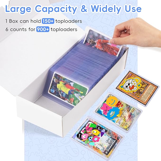 Toploader Storage Box, 6 Packs 900 Count Corrugated Cardboard Storage Box for TCG, Mtg, Sport Cards, Trading Cards, Toploader Collector Boxes with 3 Markers, 6 PCS Multicolor Dividers and Labels