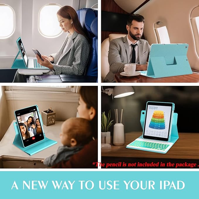 Keyboard Case for iPad 9th/8th/7th Generation 10.2 inch,360° Rotatable iPad Air 3 Pro 10.5-inch Case with Pencil Holder(2021/2020/2019/2017),7 Color Backlit Bluetooth Keyboard Folio Cover (Lake Blue)
