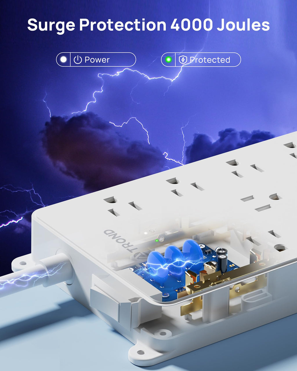 TROND 360° Rotating Surge Protector Power Strip 15ft, ETL Listed, 4000J
