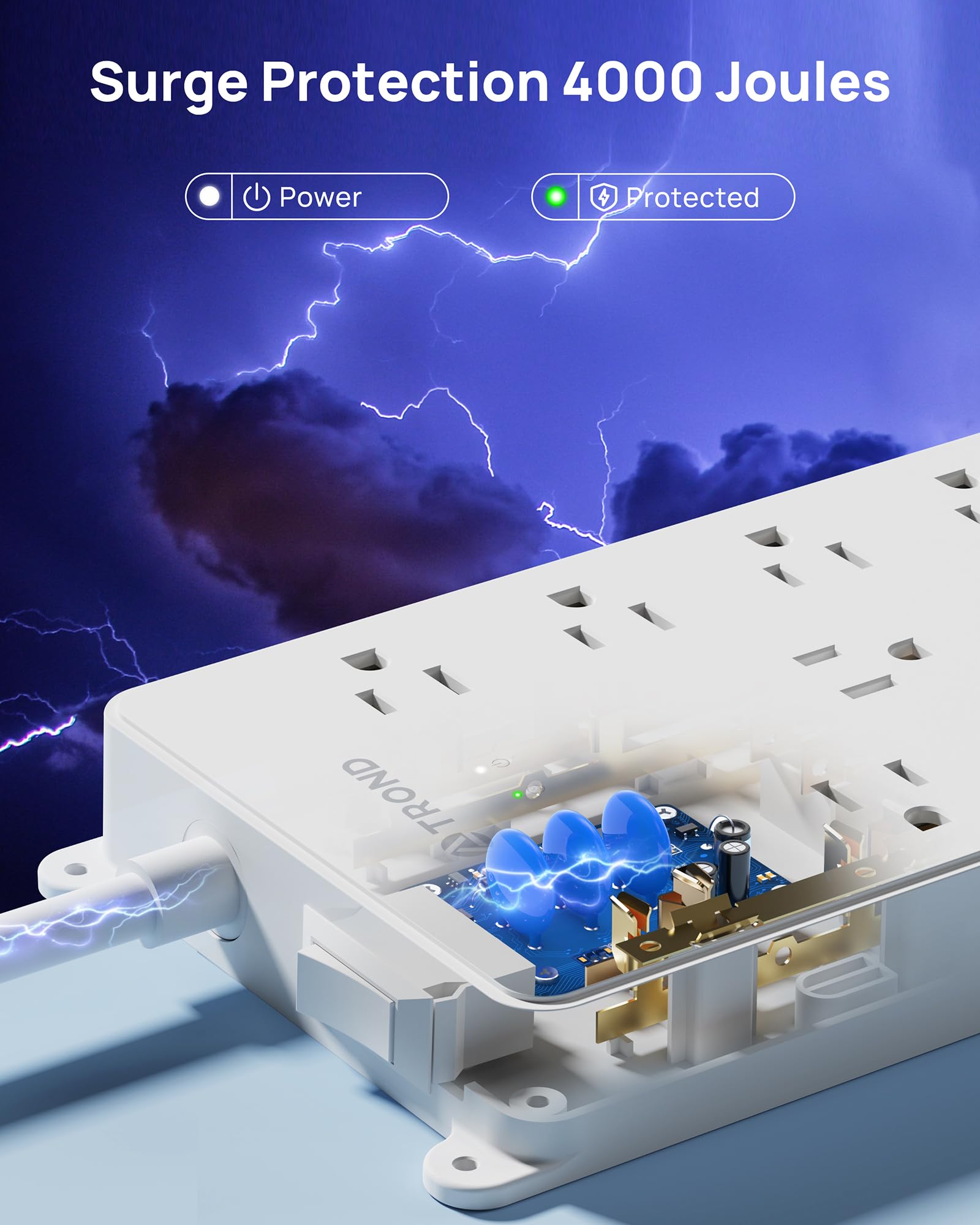 TROND 360° Rotating Surge Protector Power Strip 15ft, ETL Listed, 4000J