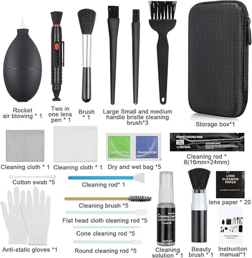 18-in-1 Professional Camera Cleaning Kit for Most DSLR Cameras (Canon, Nikon,Sony), with Air Blower/Cleaning Pen/Detergent/Cleaning Cloth/Lens Brush/Carry Case
