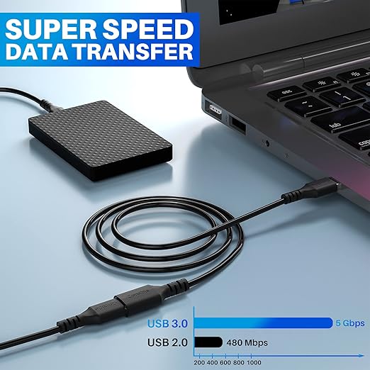 3 Pack USB 3.0 Extension Cable 12 Feet, USB A Male to Female Extender Cord, 5Gbps Data Transfer for Webcam, Printer, Keyboard, Mouse, Flash Drive, Hard Drive, Controller, Black Cable with 5 Cable Ties