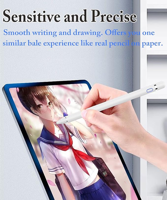 DOGAIN Active Digital Stylus Pen for Touchscreen, Stylus Pencil for Apple iPad mini/Pro/Air, Switch, Samsung, iPhone, Android and Most Phone & Tablet, 1.5mm Fine Point Rechargeable Pens - White