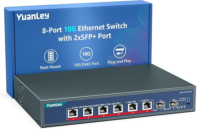 YuanLey 8-Port 10G Ethernet Switch, 6 x 10Gbps RJ45 Ports, 2X 10Gbe SFP+ Ports, Support 10G/5G/2.5G/1G/100Mbps Speed Auto-Negotiation, 160Gbps Switching Capacity, Unmanaged Switch Rackmountable