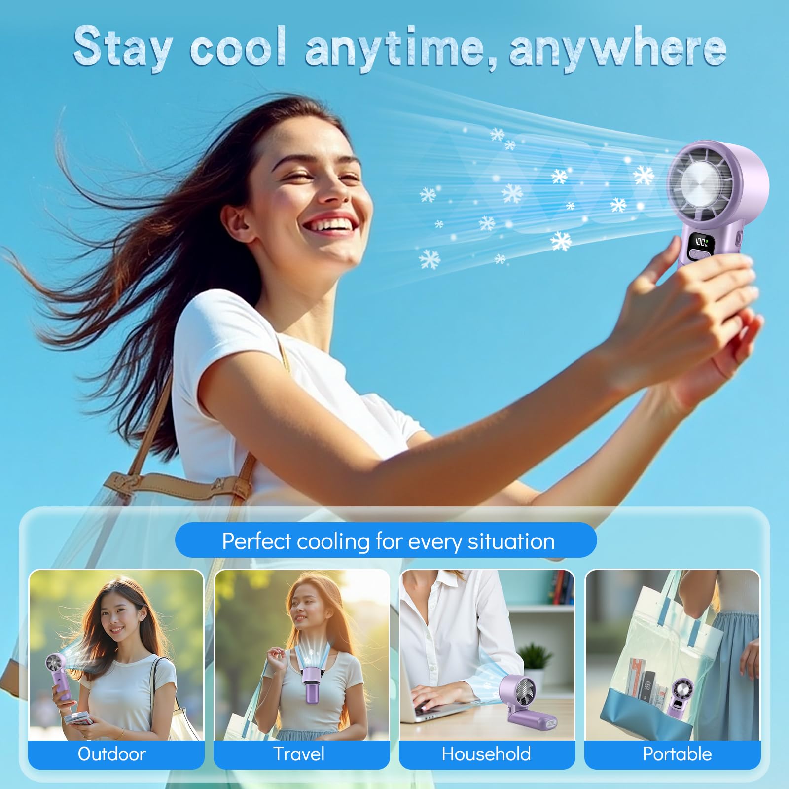 HONEYYEAR High-Speed Portable Handheld Turbo Fan with Ice Cooler, LED Display, 3600mAh Rechargeable Fan, Up to 9H Runtime, 90°Foldable Mini Fans for Travel, Commute, Outdoor, Gifts for Women Men