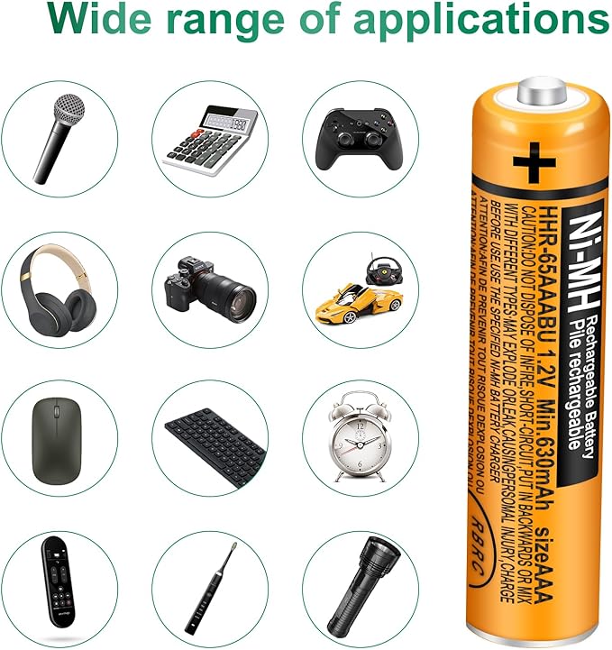 6 Pack HHR-65AAABU NI-MH Rechargeable Batteries 1.2V 630mAh AAA Battery for Panasonic Cordless Telephone Batteries