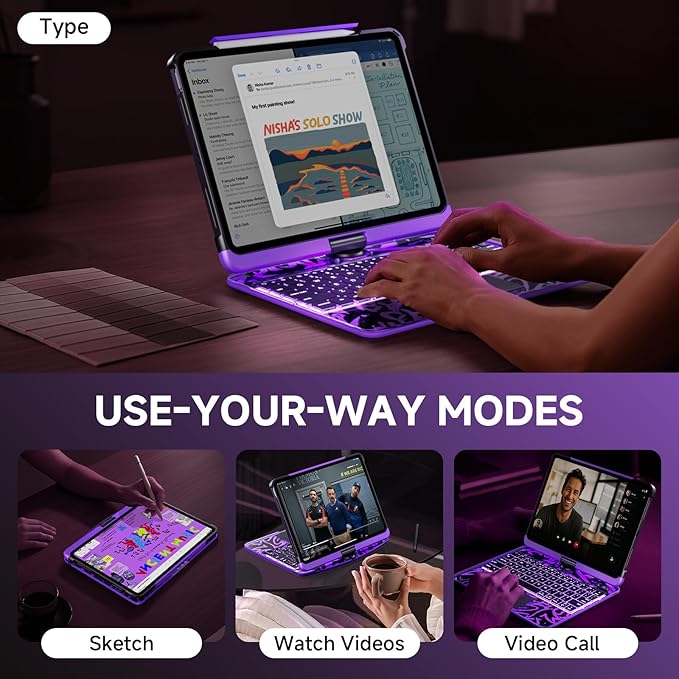 Transparent Case with Keyboard for iPad 9th (7th, 8th, and 9th Gen)10.2 Inch ,with 7-Color Backlit Wireless Keyboard,360°Rotatable Protective Case Multi-Touch Trackpad,with Pencil Holder,Purple