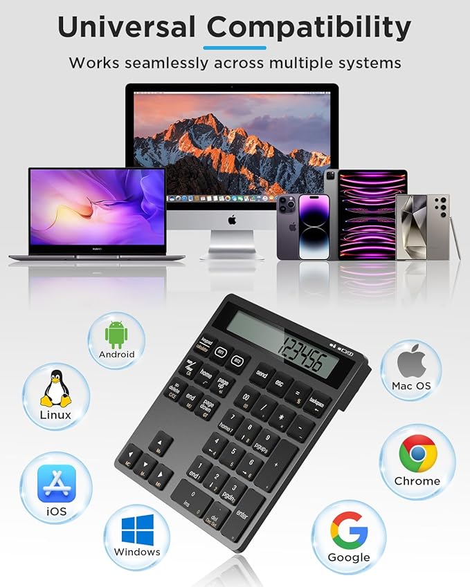 Rechargeable Wireless Number Pad for Laptop, 34 Keys Numeric Keypad with Dual Bluetooth & Display, 2-in-1 Numpad and Calculator, Slim Portable Number Pad Keyboard for Windows, Mac, PC, Tablet