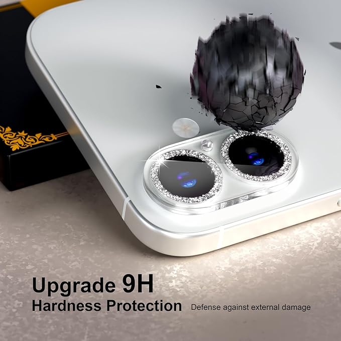 beuxece for 6 Pack iPhone 16 / iPhone 16 Plus Camera Lens Protector [Drop Protection] [Case Friendly] [Easy Installation] 9H Tempered Glass Camera Screen Protector Cover Accessories, Glitter Silver