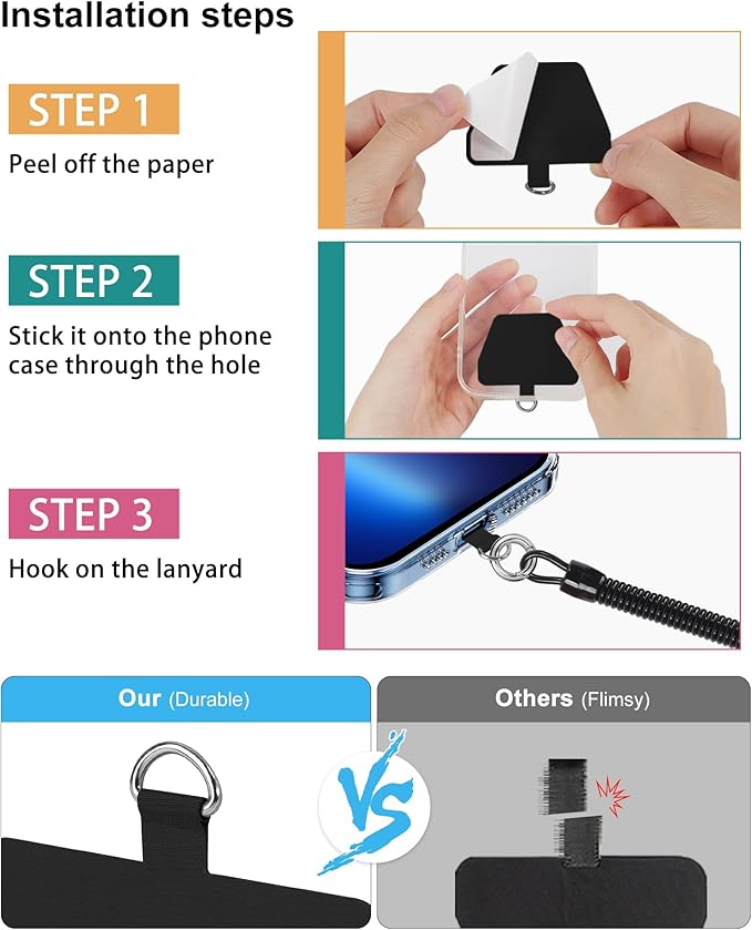 SHANSHUI Phone Tether Lanyard, Strong Spring Rope Climbing Hook, 4x Phone Tether Tabs Free Your Hand Stylish Phone Chain Strap for All Smartphones - 2PCS Black White