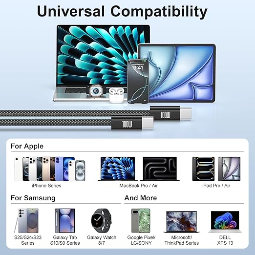 USB C to USB C Charging Cable, 100W Fast Charging [6.6ft, 4-Pack] Type C Charger Cord,Braided USBC Phone Charger Cable for iPhone 17 16 15 Pro Max/Samsung S25 S24/MacBook Pro/Air,iPad,Pixel,PS5,Switch