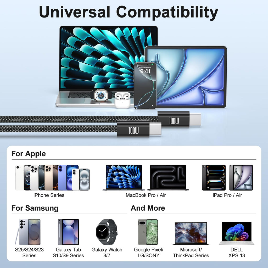 USB C to USB C Cable 3ft, 2-Pack 100W USBC to USBC Fast Charger Cord, Braided Type C to C Charger Cable Fast Charging for iPhone 17 16 15 Pro Max Plus,MacBook Pro,i Pad Pro,Samsung S25/S24 Ultra,Pixel