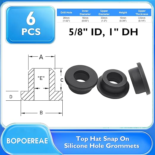 6 Pcs 1" Drill Hole, 5/8" ID Silicone Rubber Grommets for Wiring, Automotive Firewall Hole Plug, Top Hat Grommets for Vinyl Tubing in Hydroponic and Irrigation Systems Metal Wall Drywall