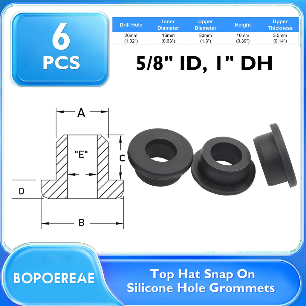 BOPOREAE 6 Pc 1" Drill Hole, 5/8" ID Silicone Rubber Grommets for Wiring