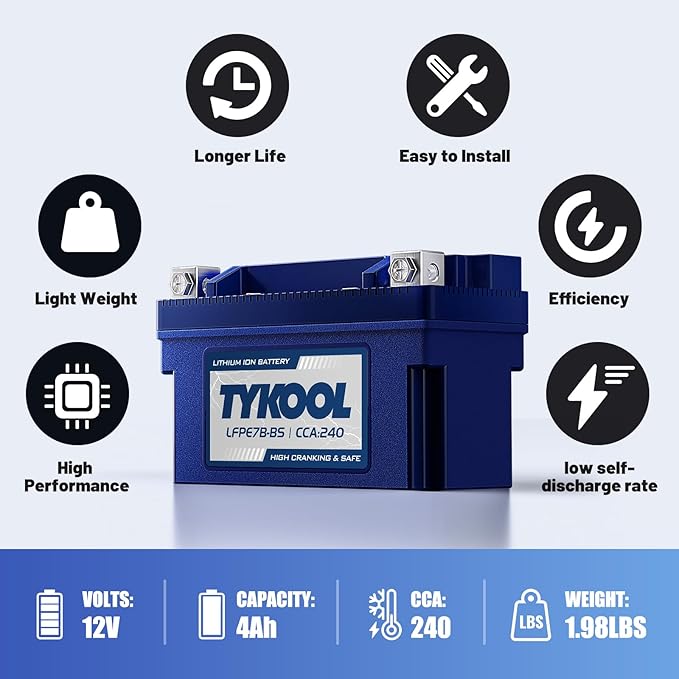 YT7B-BS 12V 4Ah 240CCA LiFePO4 Motorcycle Battery, Built in BMS, for Honda KTM Yamaha Harely, Lithium Ion Battery Fit Lawn Mower, Jet Ski, Motorboat，ATV, UTV, Scooter,Snowmobile