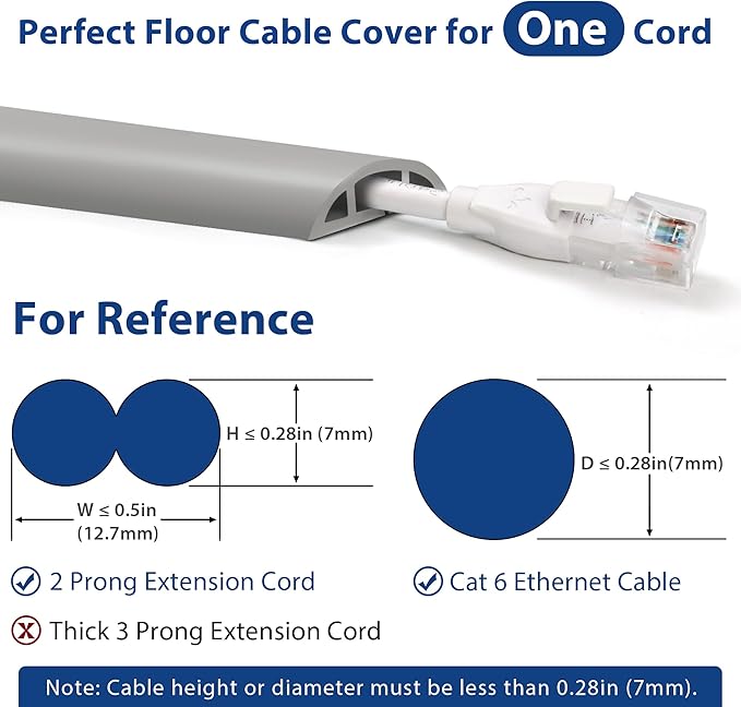 Floor Cord Cover 10ft, Cord Hider Floor Grey, Cable Management Prevent Trips, Cable Cover Wire Covers for Electric Power Cords, Wire Protector Cavity W0.47in x H0.28in