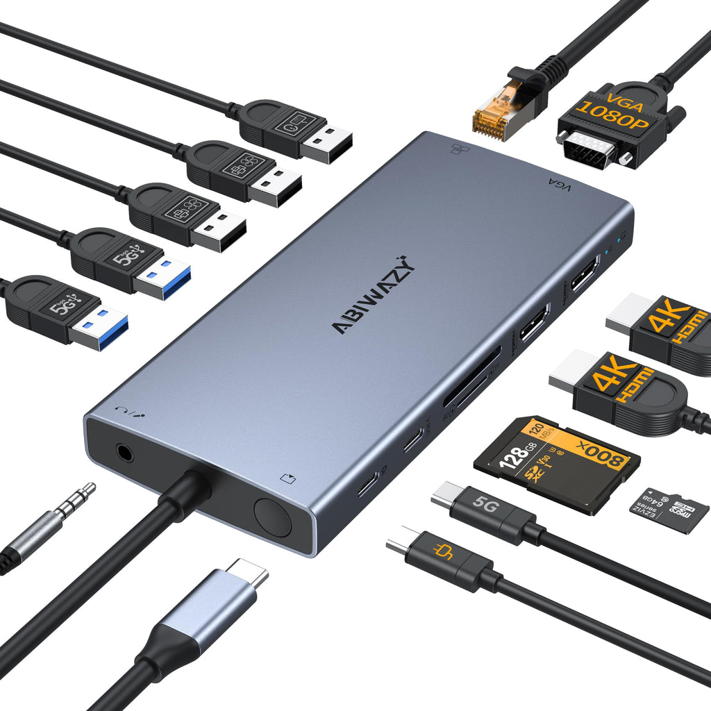 USB C Docking Station Dual Monitor, ABIWAZY 15 in 1 USB C Hub with 2 HDMI