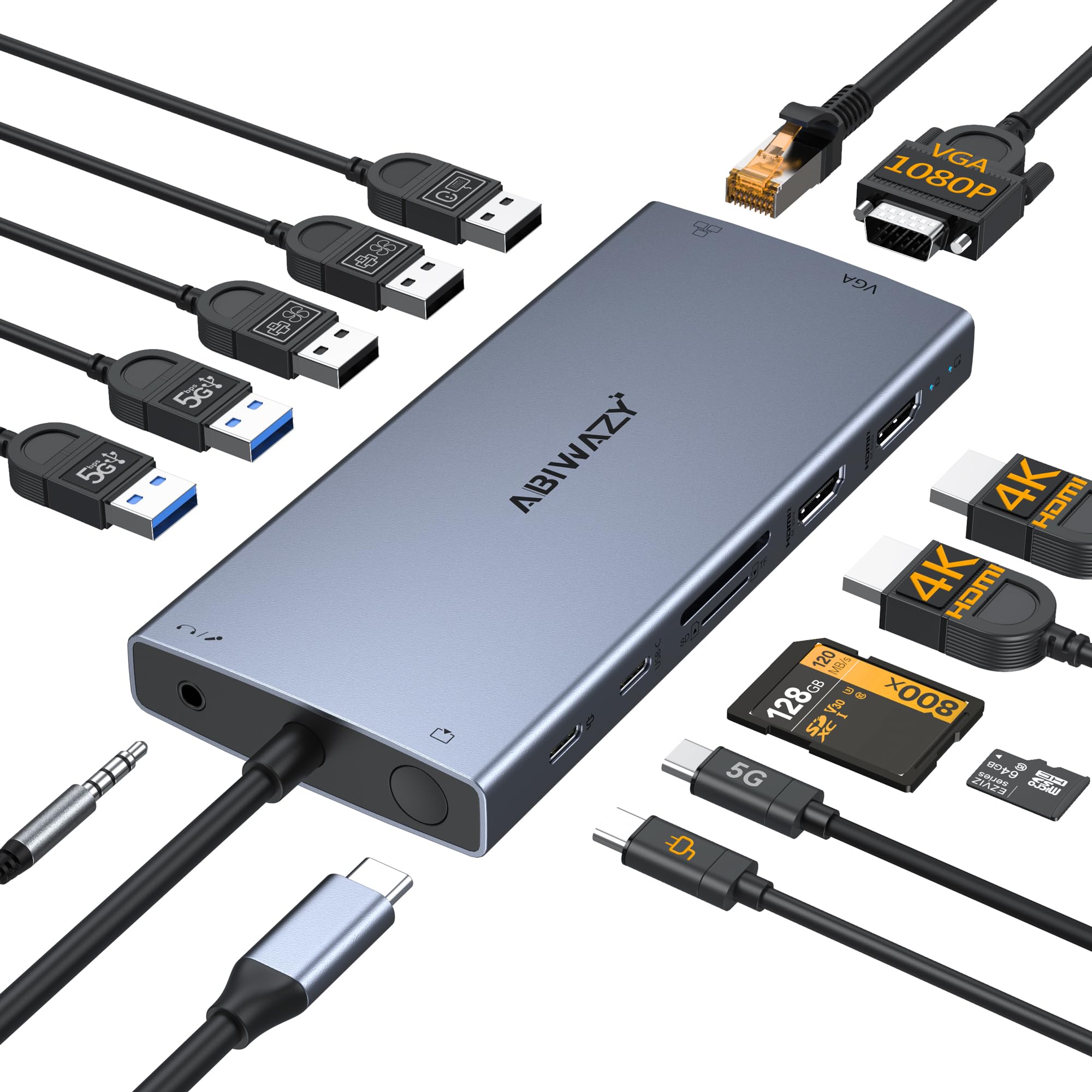 USB C Docking Station Dual Monitor, ABIWAZY 15 in 1 USB C Hub with 2 HDMI