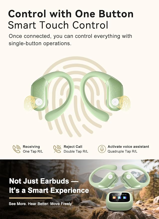 Wireless Earbuds, ANC Noise Cancelling Sport Ear Buds with Multifunctional Touch Screen, Bluetooth 5.4 Headphones, Bass Stereo Sound, 5 EQ Over The Ear Earbuds for Sports/Workout/Gym-Green
