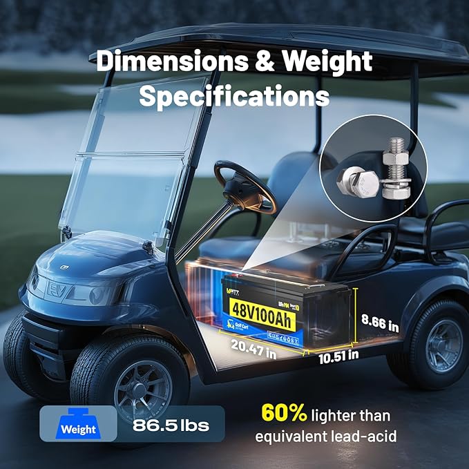48 Volt Golf Cart Batterys 200A BMS, 48V 100Ah LiFePO4 Lithium Battery with Bluetooth & LCD Display, 15000 deep Cycles, Range of 60 Miles 600A Peak Current for Golf Cart Marine RV