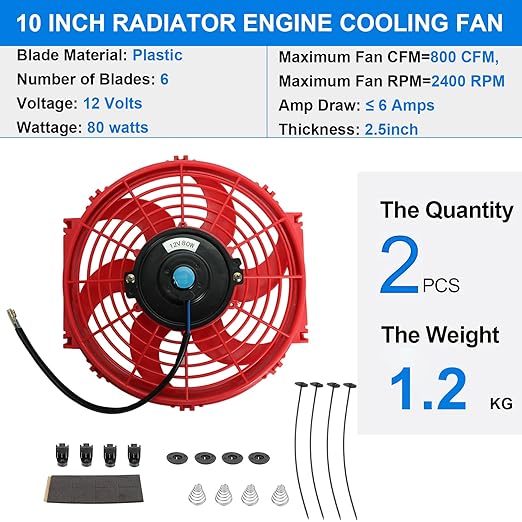 2PCS 10 inch Slim Fan Push Pull Electric Radiator Cooling 12V 80W Mount Universal Kit Red