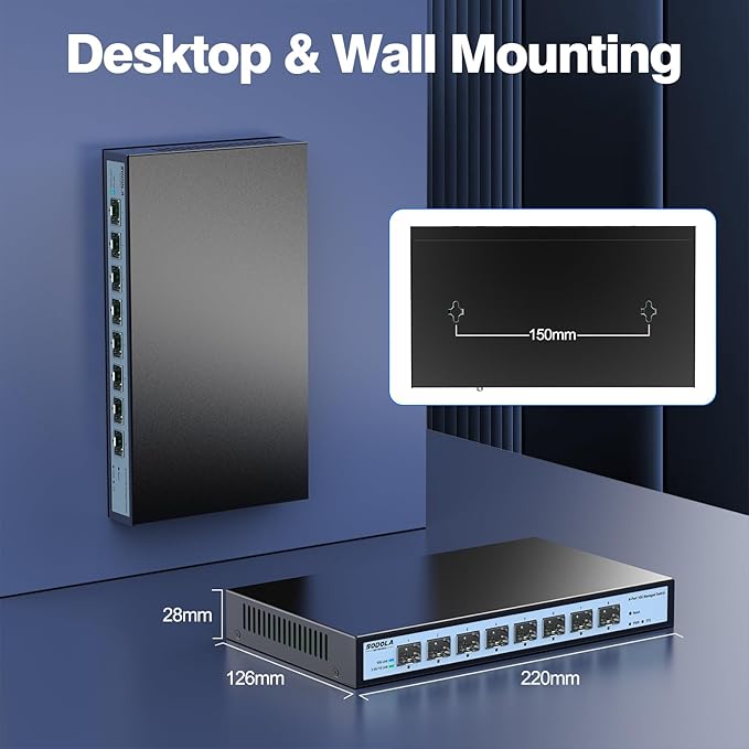 SODOLA 8 Port 10G Web Managed Switch, 8X10G SFP+ Ports, Link Aggregation/QoS/VLAN/IGMP, Wall Mounted Fanless 10Gb Multi-gig Network Switch（SFP Ports Only