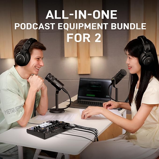 MAONO Podcast Equipment Bundle for 2: Audio Interface Mixer with 2 XLR Dynamic Mic and 2 Headphone Noise Reduction Podcast Streaming MaonoCaster E2 Gen2