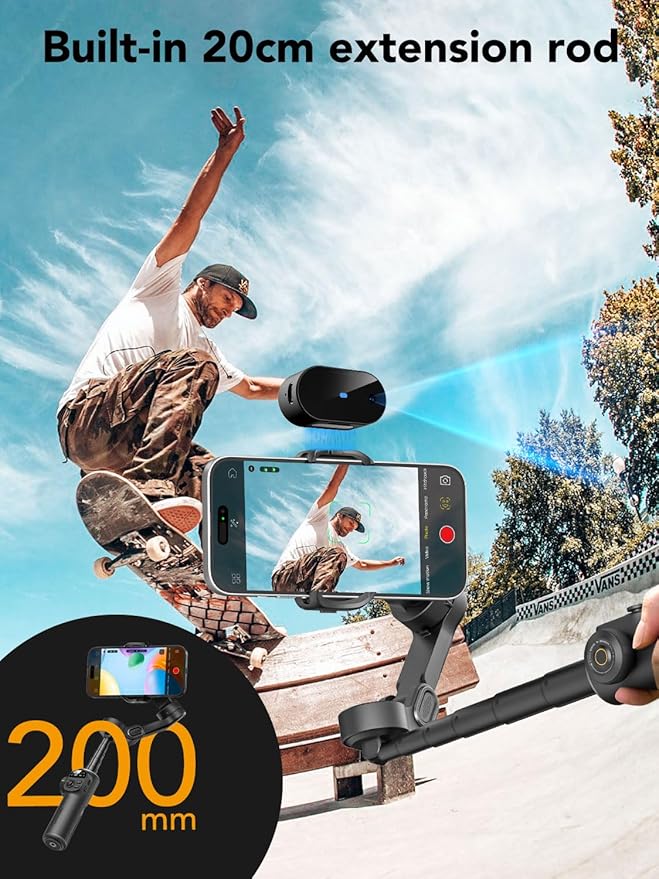 Gimbal Stabilizer for Smartphone,NO APP Tracking,20CM Extension Rod,Face & Object Tracking stabilizer for iPhone & Android,3-Axis OLED Gimbal for Video Recording-AOCHUAN Smart X2AI Black