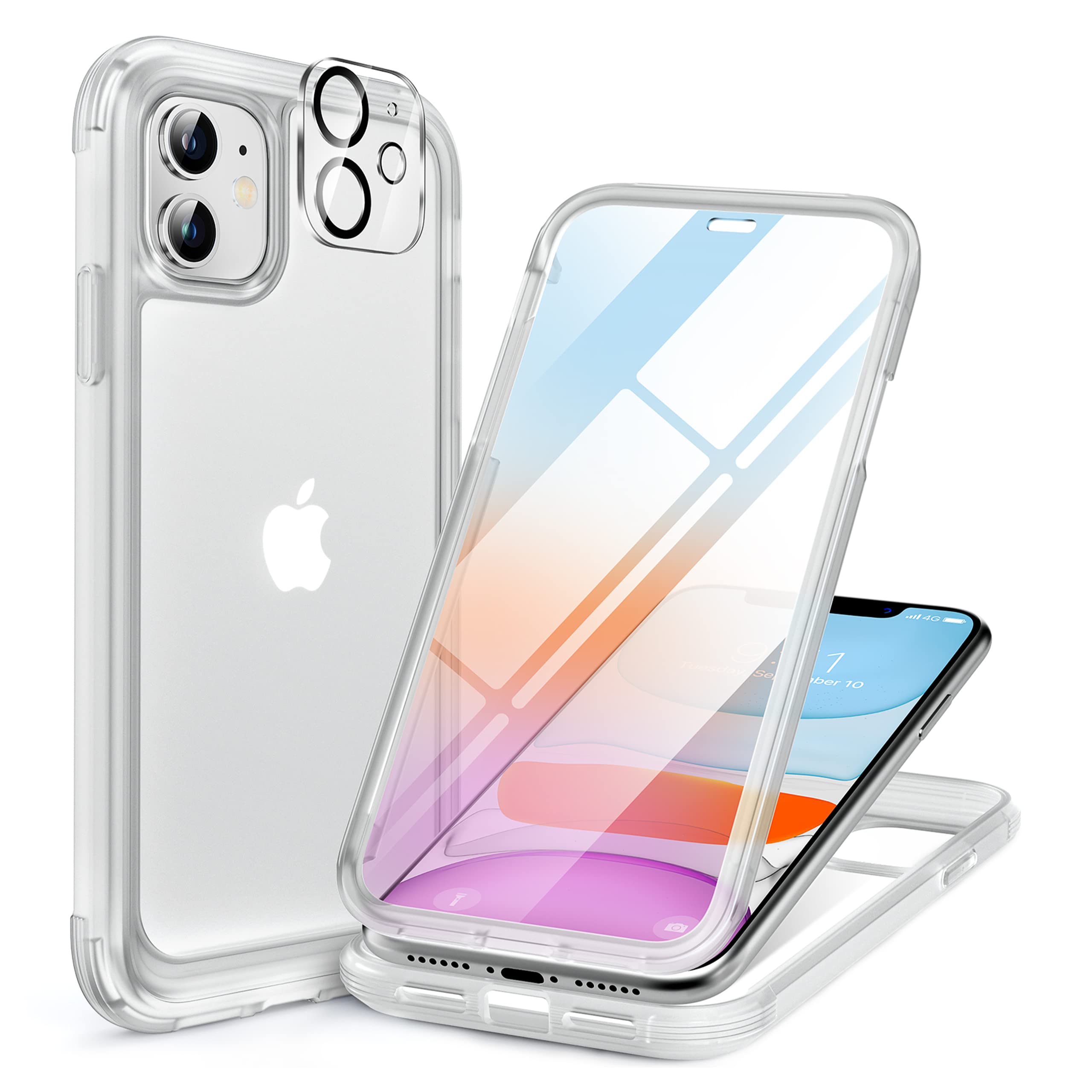 Miracase Glass Series for iPhone 11 Case 6.1 inch, Upgraded Full-Body Rugged Phone Bumper Case Cover with Built-in 9H Tempered Glass Screen Protector and Camera Protector, Matte Clear