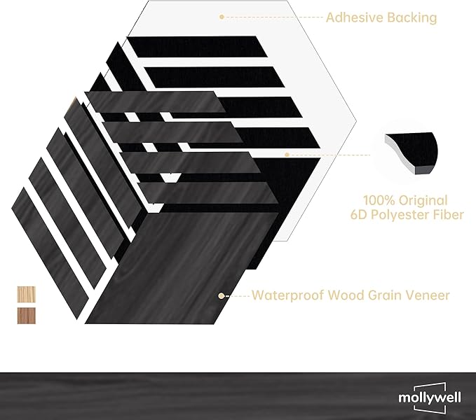 Mollywell Hexagon Acoustic Panels, Black Oak TW4, 14x12x0.4 Inch, 12 Pack |Wood Veneer|High Density Sound Proofing Wall Panels|Self Adhesive Sound Dampening Felt Wall Tiles|Home Theater|Gaming Room|