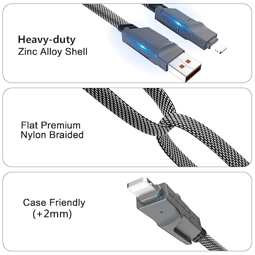 2Pack 4 in 1 USB C Cable for Lightning Cable [60W Fast Charging], 3FT Flat Braided USB C to USB C Charger Cord with L/Dual Type C/USB A Multi Port for iPhone 16 15 14 Pro Max/Samsung/i-Pad/Mac Book