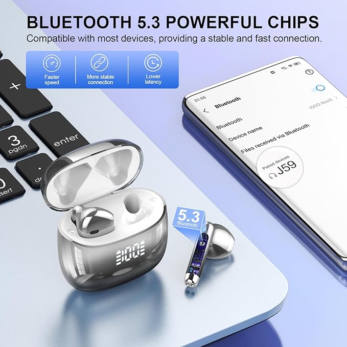 Wireless Earbuds, Bluetooth Headphones 48H Playtime Ear Buds with LED Power Display, IPX7 Waterproof Bluetooth 5.4 Earphones in-Ear Earbuds with 4 Mic for Android iOS Cell Phone Laptop, Black