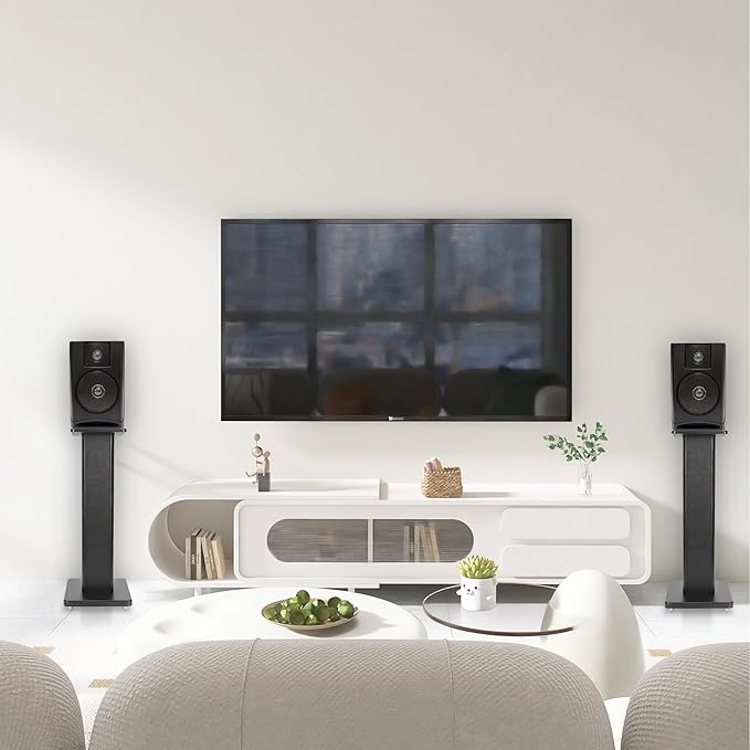 24 Inch Speaker Stands Wood Grain Universal Floor Speaker Stands Pair Heavy Duty Surround Sound Speaker Monitor Stand for Home Theater with Sand Filling Tuning Function - Black