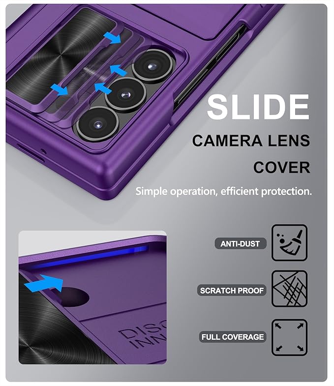 SIXBOX for Samsung Galaxy Z Fold 6 Case with Card Holder & Belt Clip & Slide Lens Cover, Built-in Hinge Protection & Screen Protector, Durable Wallet Phone Cover Case for Z Fold 6 5G 2024, Dark Purple