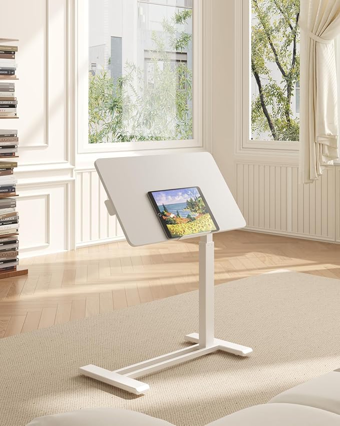 FLEXISPOT H7 PRO Mobile Standing Desk Adjustable Overbed Table Pneumatic with Wheels 90°Tiltable Portable Laptop Desk Rolling Computer Cart Foldable Bedside Table(27.6" W x 15.7" D, White)