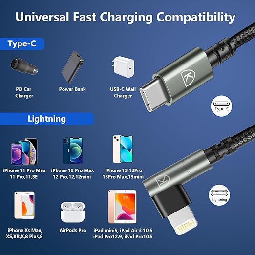 USB C to Lightning Cable 90 Degree 6FT iPhone Charger Cables [Apple MFi Certified] 3Pack Fast Charging Cord, Nylon Braided USB C Lightning Cable Compatible with iPhone 14/13/12/11/Pro Max/Plus/8/7