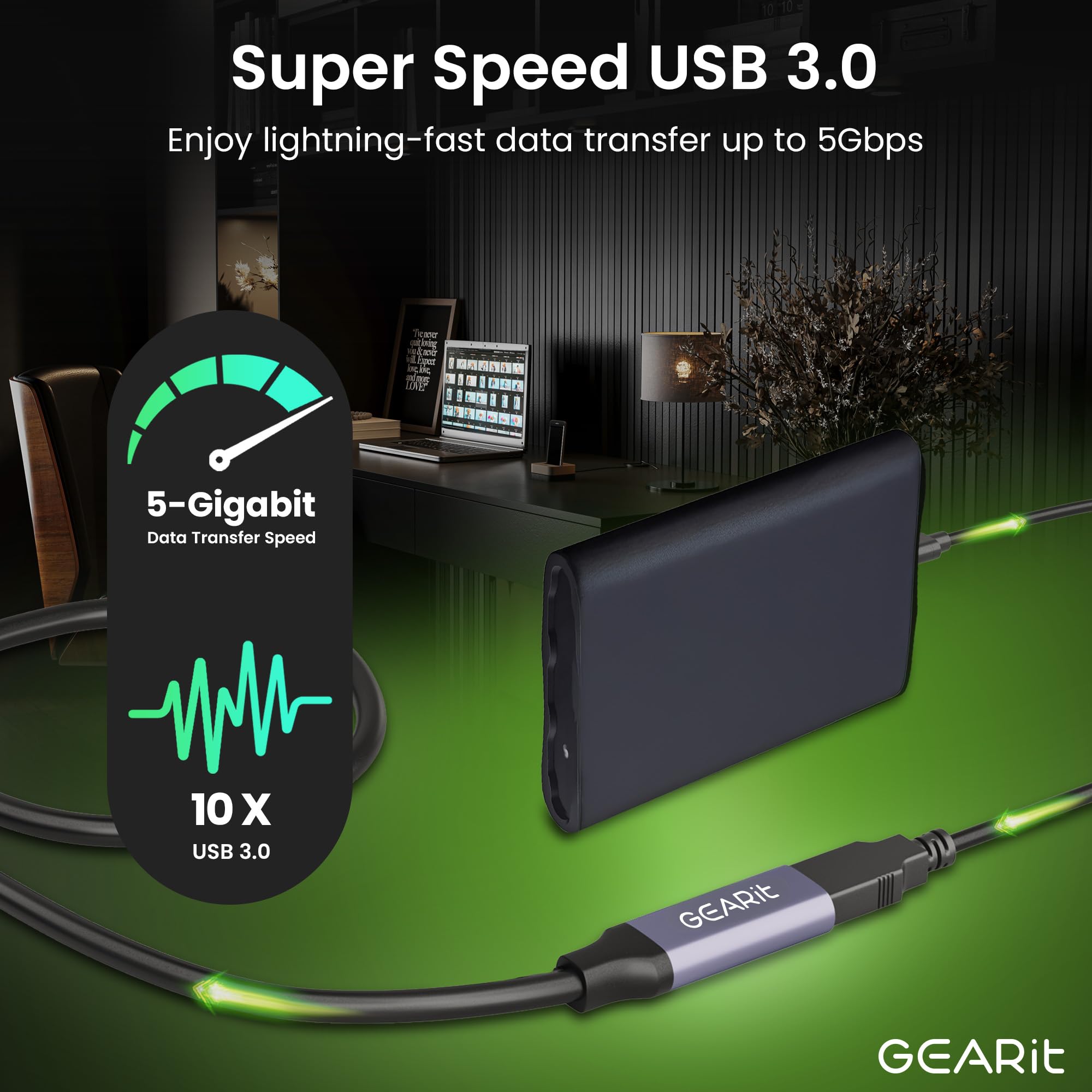 GEARit USB 3.0 Active Extension Cable (20 Feet) A-Male to A-Female USB Repeater with Signal Booster for Oculus Rift, Quest Link, Xbox 360 Kinect, PlayStation, Printer, Webcam - 20ft