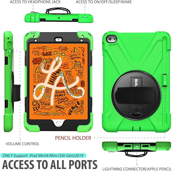 BRAECN iPad mini 5 Case,iPad mini 4 Case, Heavy Duty Shockproof Protective Rugged Case with Pencil Holder,Hand Strap,Kickstand, Shoulder Strap for iPad mini 5th/4th Generation 7.9 Inch for Kids