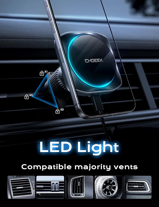 CHGeek for 15W Magsafe Car Mount Charger, iPhone Wireless Car Charger Magnetic Car Phone Holder Mount Fit iPhone 16 15 14 13 Magsafe Case, Vent/Windshield/Dash Phone Mount Holder Fast Cooling Charger