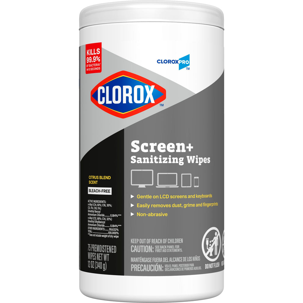 CloroxPro Clorox Screen+ Sanitizing Wipes, Disinfecting Wipes for Electronics, Gentle on Phones, Tablets, LCD Screens, Laptops and Sensitive Surfaces, Citrus Blend Scent, 1 Canister, 75 Wipes, 6 Pack