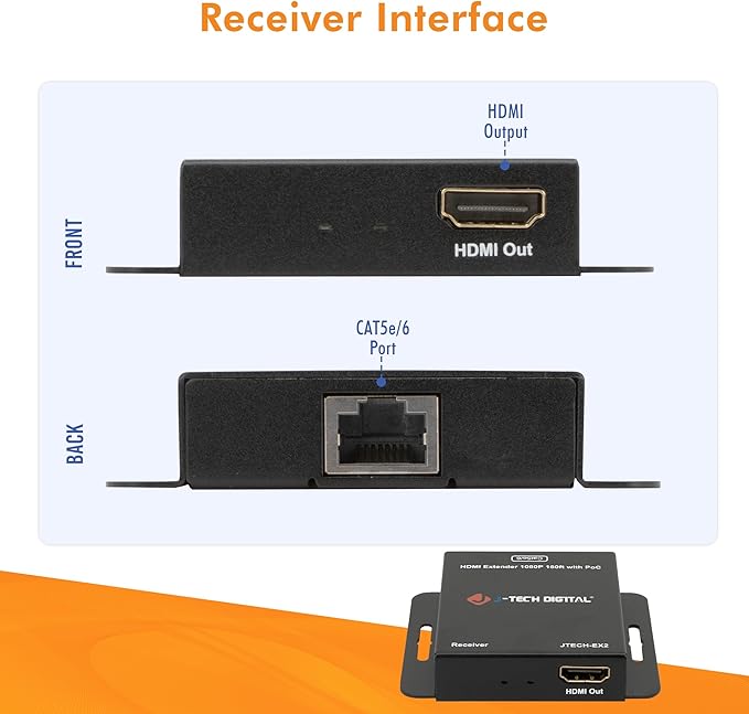 J-Tech Digital HDMI Extender Over Single Ethernet Cat5e/6/7 1080P Up to 1080P 160ft Support PoC 3D Digital Audio, Works with Laptop Desktop, Transmitter and Receiver [JTECH-EX2]