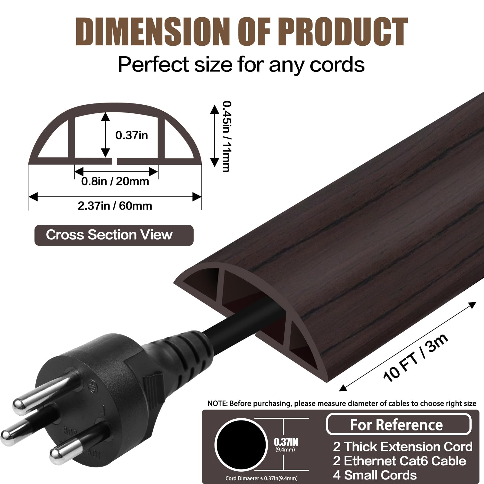 Floor Cord Cover Cavity 0.8"x0.37" Self Adhesive Cord Hider, 10FT Low Profile Cable Management, Extension Strip Protector for Wires, Prevent Cable Trips for Offices, Gyms, Exhibitions（Black Wood）