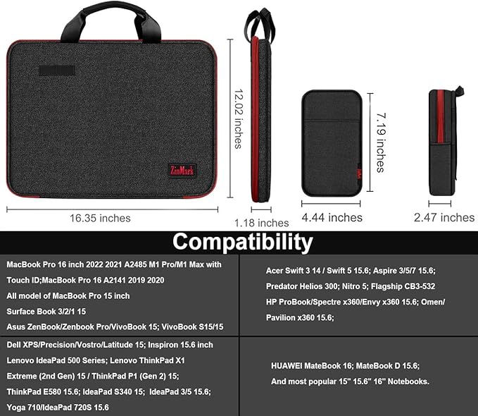 Laptop Case 15.6 Inch Briefcase Military-Grade Protection with Detachable Belt Bag, Compatible All Model of 15-16 Inch MacBook Pro and Most Popular 15.6 Inch Notebooks Chromebooks (Black Red)