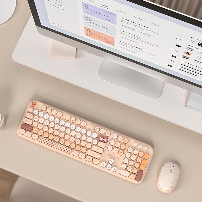 KNOWSQT Wireless Keyboard and Mouse Combo - Lovely Milktea Rainbow Full-Sized Typewriter Colorful Keyboards, Round Keycap USB Plug Play Retro Cute Keyboards for Windows, Laptop, PC, Desktop, Computer