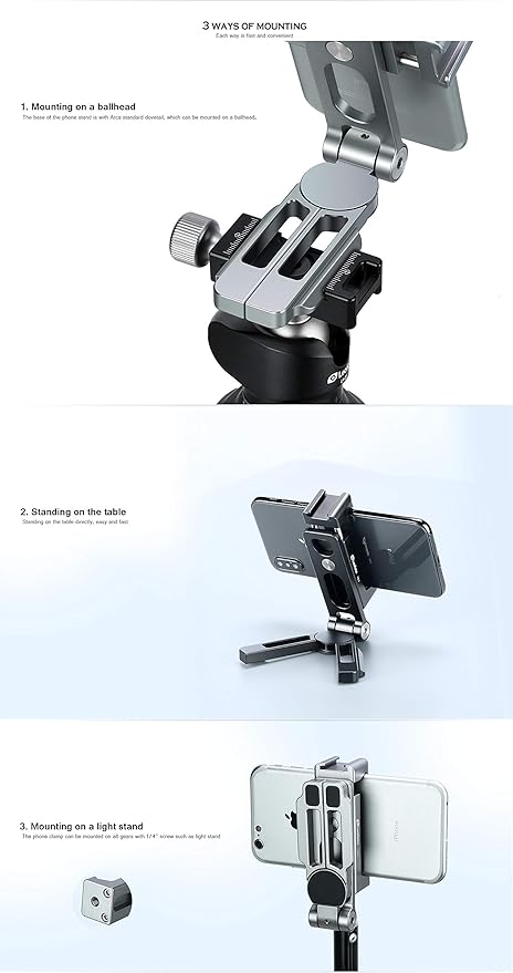 LEOFOTO PS-2 Phone Holder, Cell Phone Stand, Adjustable Angle, Compact and Portable, 1/4" Screw Thread, Arca Compatible (Silver)