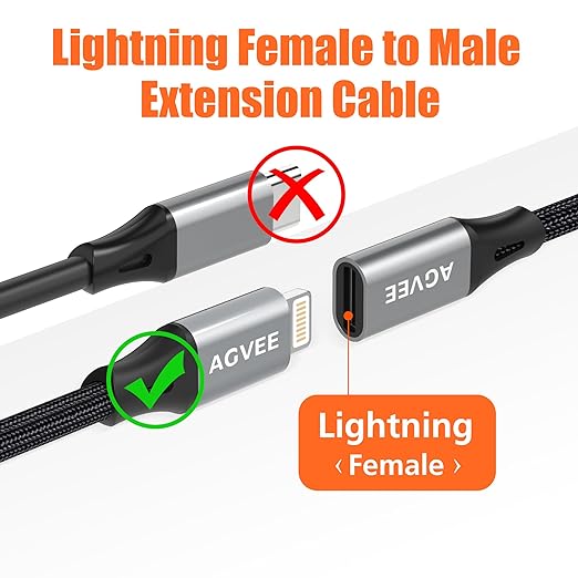 AGVEE 2 Pack 3.3ft Lightning Extension Cable, Braided Female to Male Extender Full Function Cord Compatible with iPhone iPad, Data Sync Video Audio & Charging Charger Connector Adapter, Dark Gray