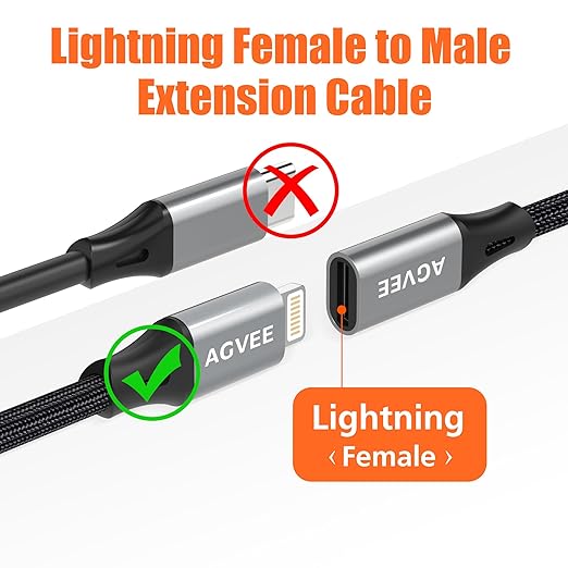 AGVEE 1ft Lightning Extension Cable, Braided Female to Male Extender Full Function Cord Compatible with iPhone iPad, Data Sync Video Audio & Charging Connector Adapter, Dark Gray